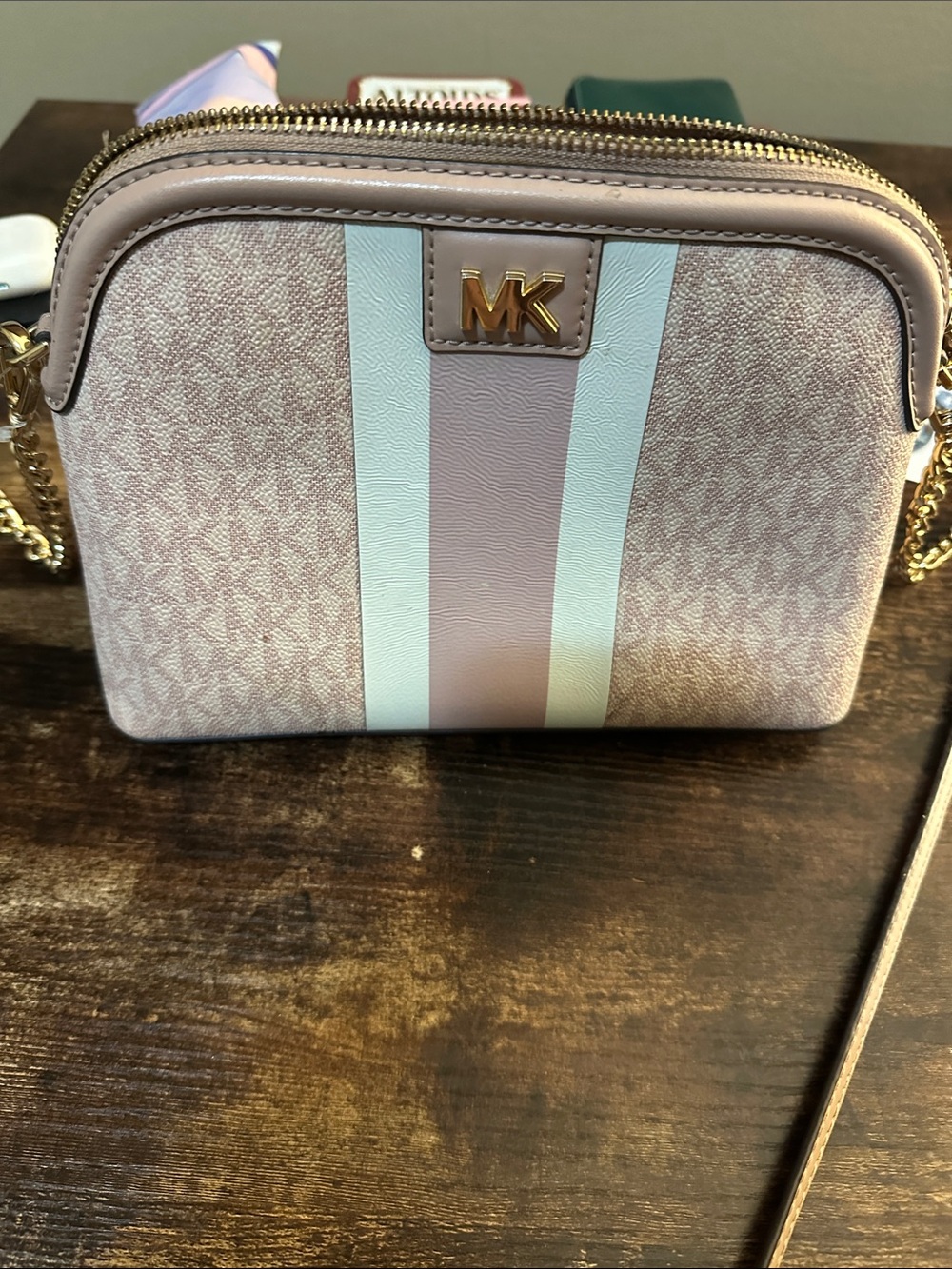 Michael Kors Pink and White Signature Stripe Crossbody Bag